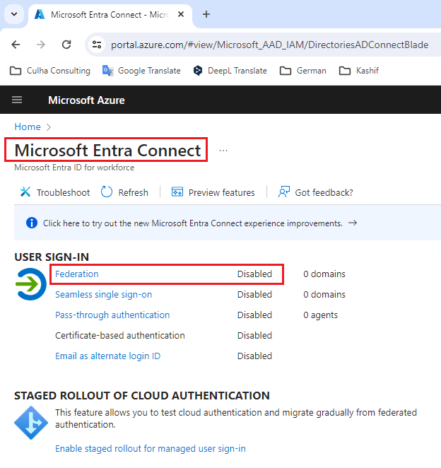 Select Microsoft Azure active directory and select on Azure AD Connect
